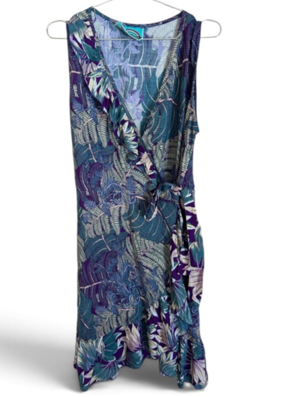 Rainbow JO Wrap dress in purple and green tropical with ruffle large
